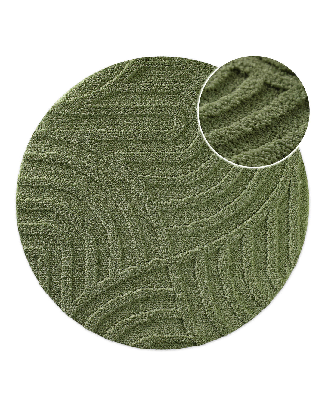 Badteppich Fiete Reseda Grün rund, Draufsicht mit Detailkreis der Florstruktur und eingeprägtem Linienmuster auf hellem Hintergrund