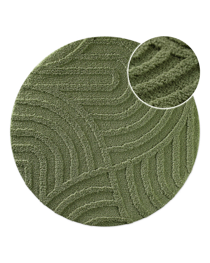 Badteppich Fiete Reseda Grün rund, Draufsicht mit Detailkreis der Florstruktur und eingeprägtem Linienmuster auf hellem Hintergrund