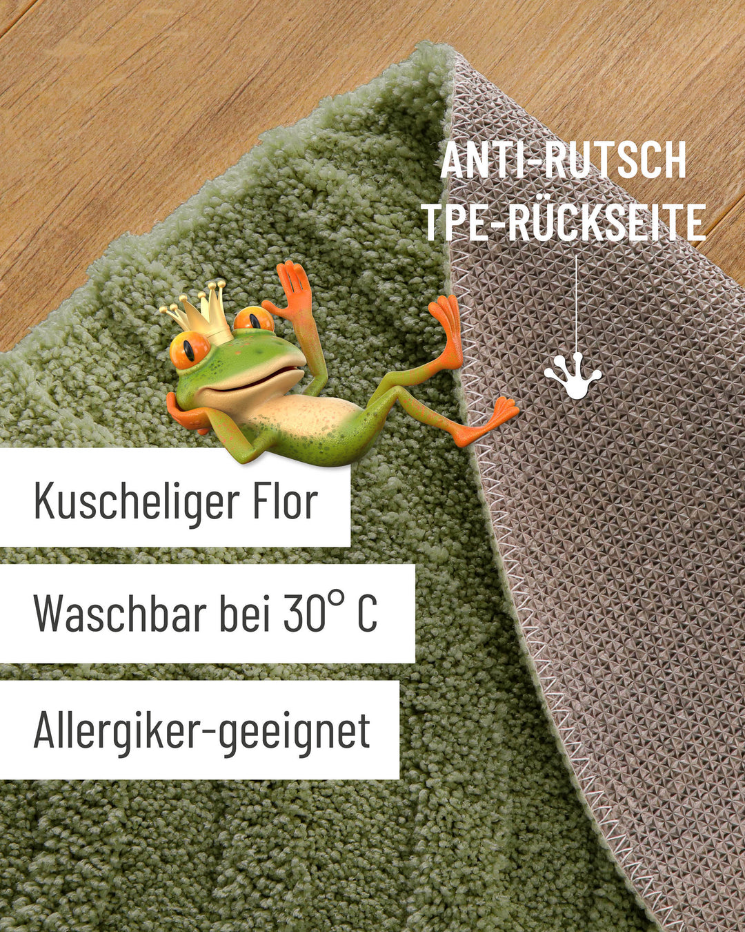 Badteppich Fiete Reseda Grün Detailaufnahme mit umgeschlagener Ecke, Hinweisgrafik zur rutschhemmenden Rückseite und Waschbarkeit