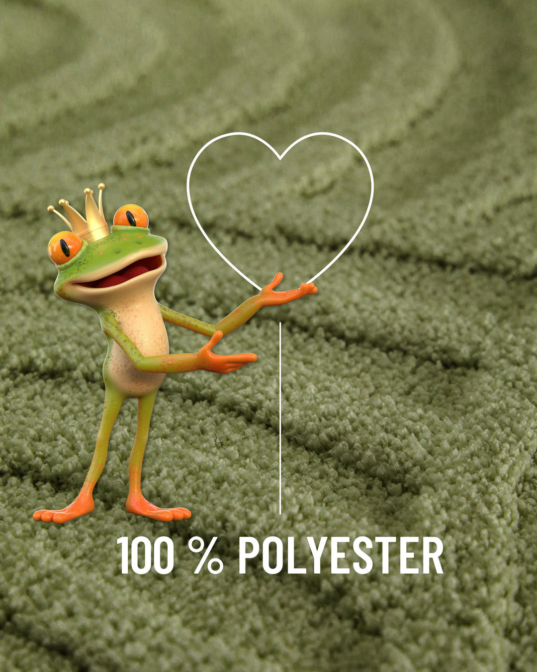 Badteppich Fiete Reseda Grün Nahaufnahme des Flors mit eingeblendeter Materialangabe 100 Prozent Polyester