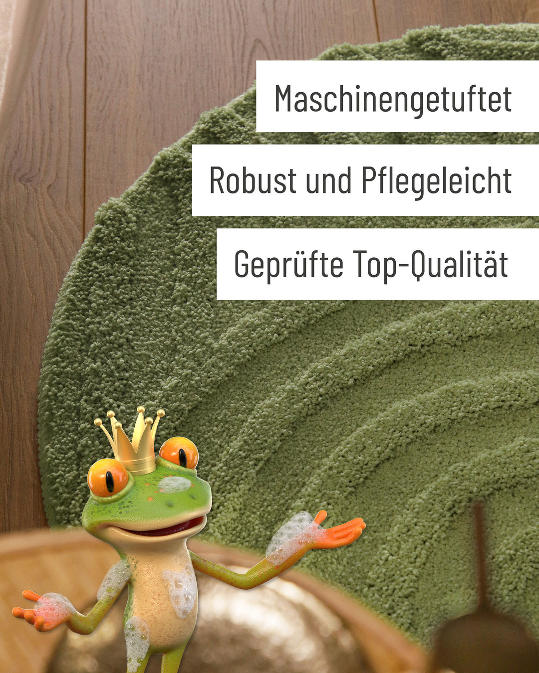 Badteppich Fiete Reseda Grün rund Detail der Teppichkante mit Hinweisen zu maschinengetufteter Verarbeitung