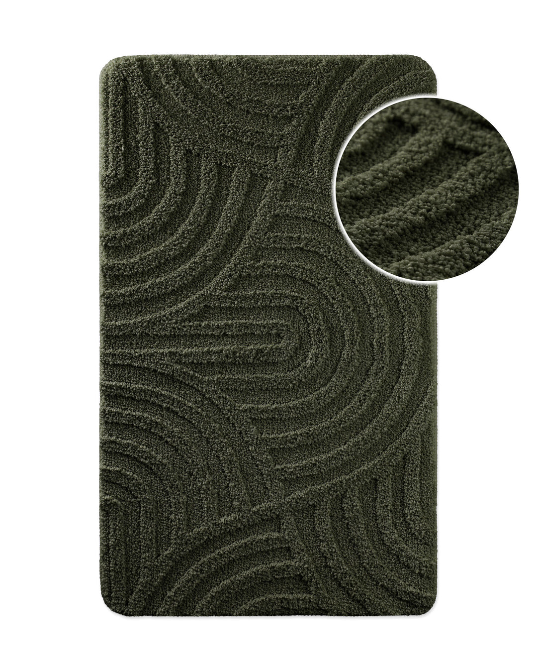 Badteppich von BathKing by WECONhome Fiete Dunkelgrün, Draufsicht mit Detailkreis der Florstruktur und eingeprägtem Linienmuster auf weißem Hintergrund