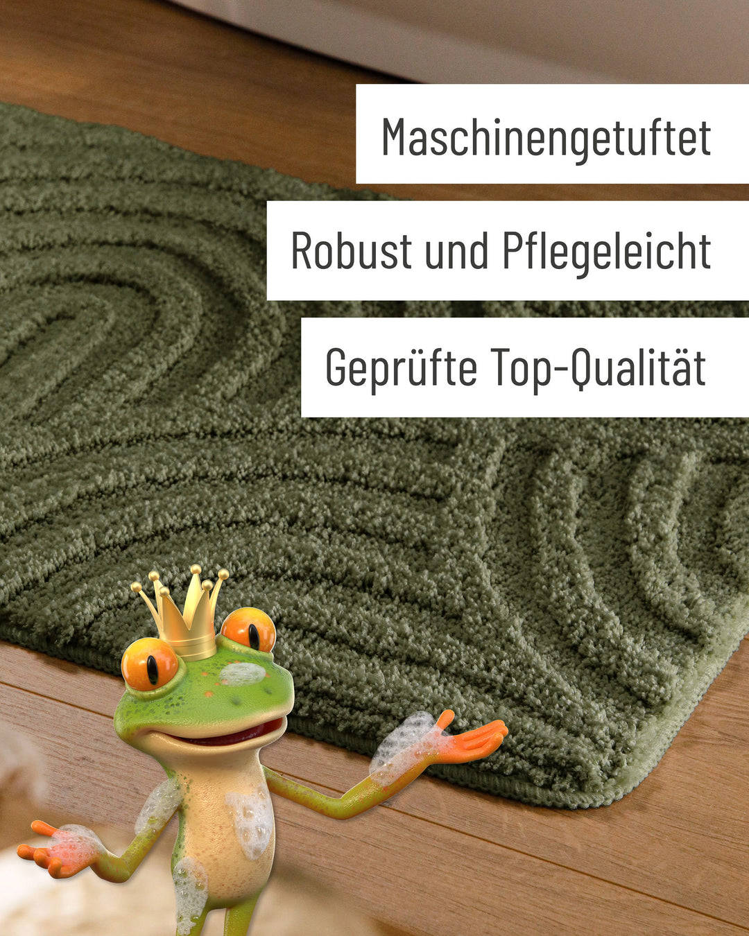 Badteppich Fiete Kiefer Grün Detail der Teppichkante auf Holzfußboden, eingeblendete Hinweise zu Verarbeitung und Pflege