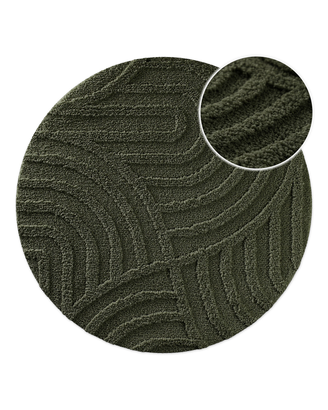 Badteppich Fiete Kiefer Grün rund, Draufsicht mit Detailkreis der Florstruktur und eingeprägtem Linienmuster auf hellem Hintergrund