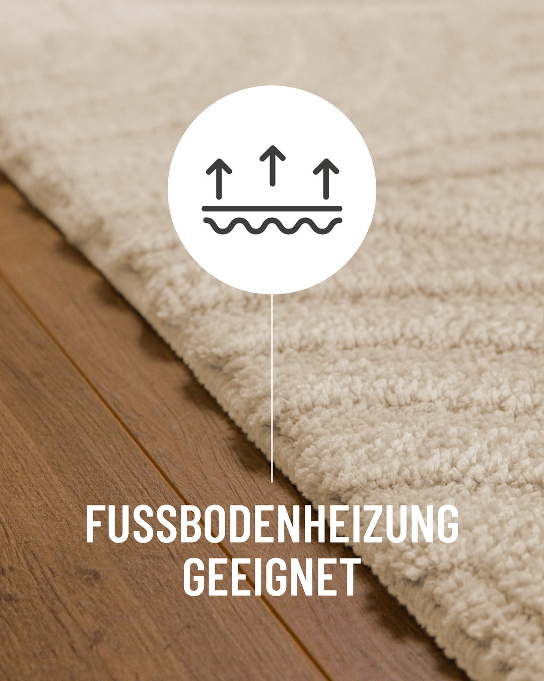 Badteppich Fiete Creme Weiß Detail auf Holzfußboden mit Symbol für Fußbodenheizung, Nahaufnahme von Flor und Teppichkante