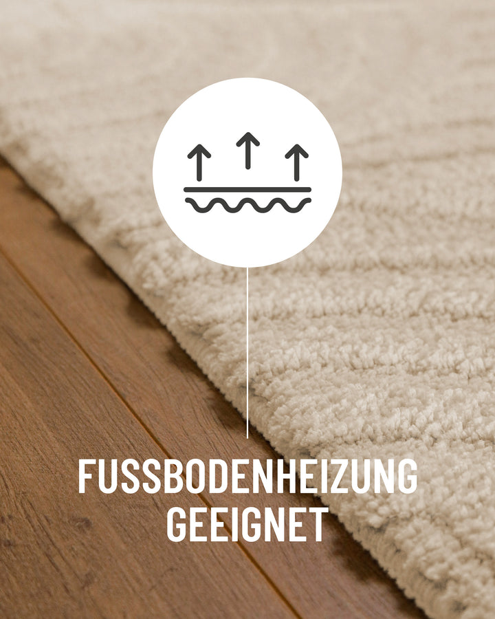 Badteppich Fiete Creme Weiß Detail auf Holzfußboden mit Symbol für Fußbodenheizung, Nahaufnahme von Flor und Teppichkante