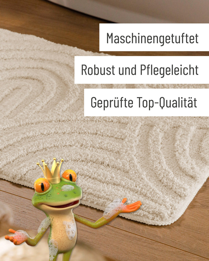 Badteppich Fiete Creme Weiß Detail der Teppichkante auf Holzfußboden, eingeblendete Hinweise zu Verarbeitung und Pflege