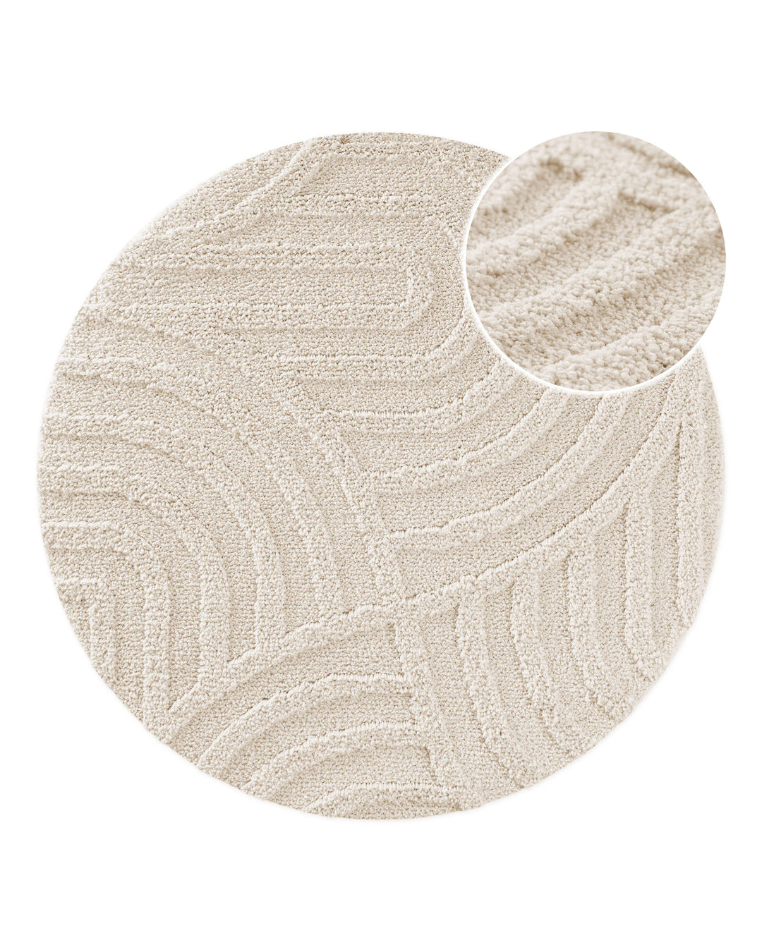 Badteppich Fiete Creme Weiß rund, Draufsicht mit Detailkreis der Florstruktur und eingeprägtem Linienmuster auf hellem Hintergrund