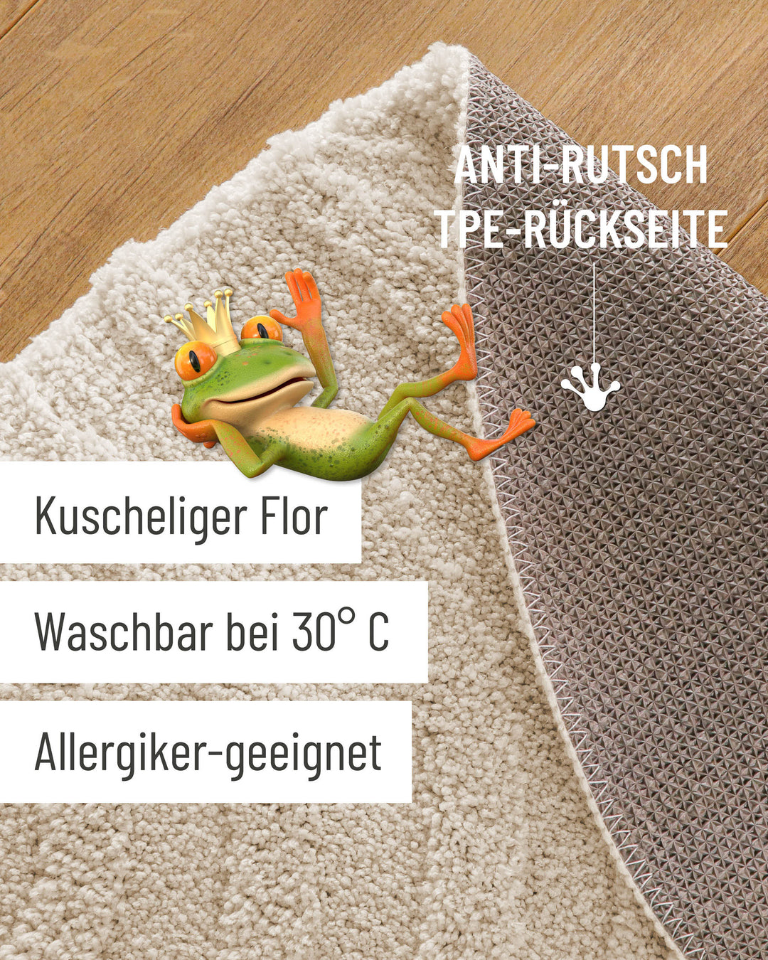 Badteppich Fiete Creme Weiß Detailaufnahme mit umgeschlagener Ecke, Hinweisgrafik zur rutschhemmenden Rückseite und Waschbarkeit