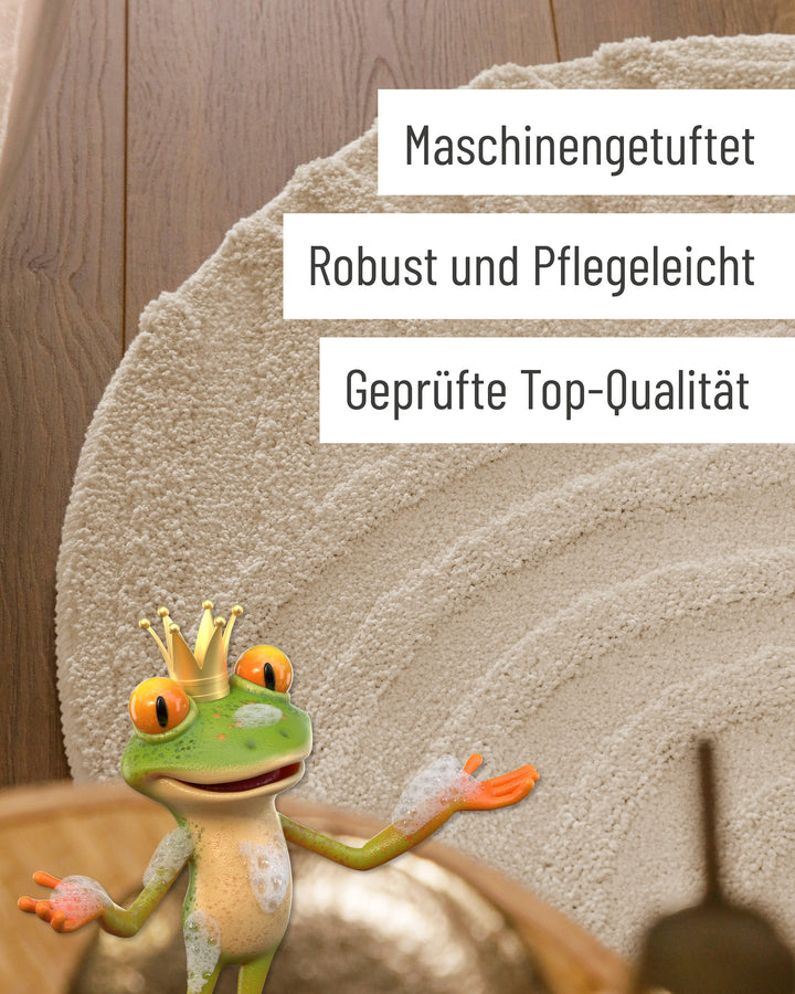Badteppich Fiete Creme Weiß rund Detail der Teppichkante mit Hinweisen zu maschinengetufteter Verarbeitung