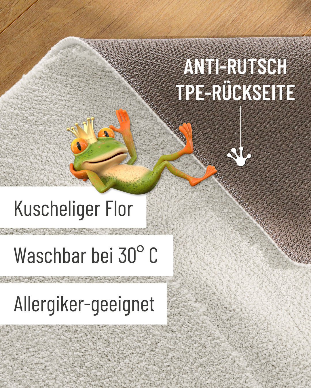 Badteppich Marc Weiß Detailaufnahme Flor auf Holzfußboden, eingeblendete Hinweise zu rutschhemmender Rückseite und Waschbarkeit