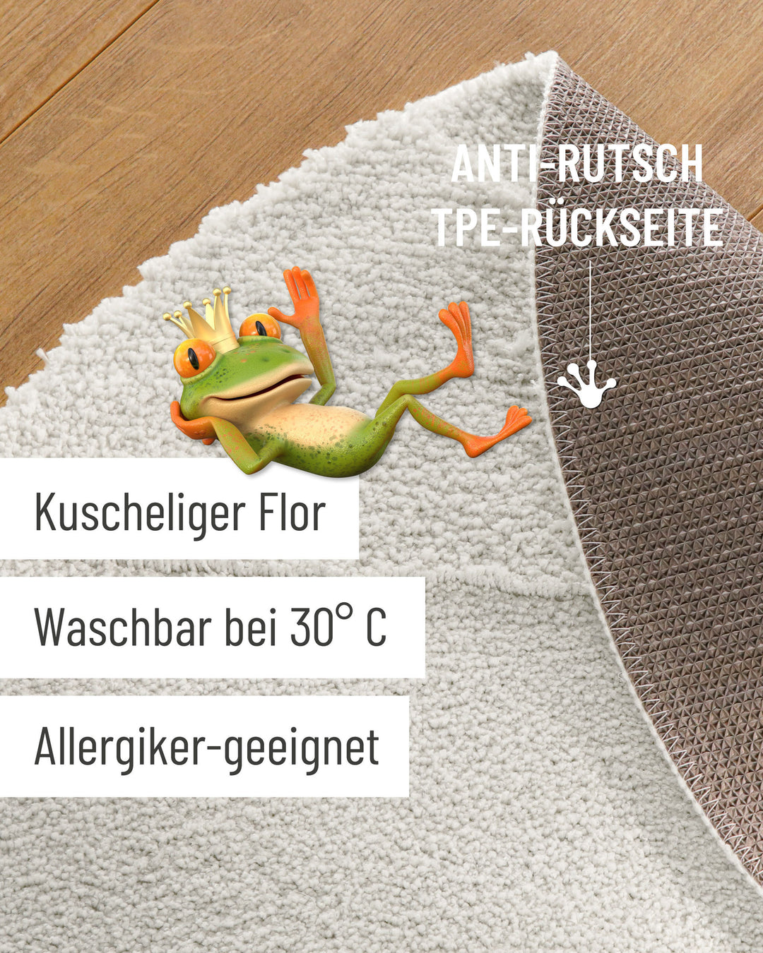 Badteppich Marc Weiß Detailaufnahme mit umgeschlagener Ecke, Hinweisgrafik zur rutschhemmenden Rückseite und Waschbarkeit