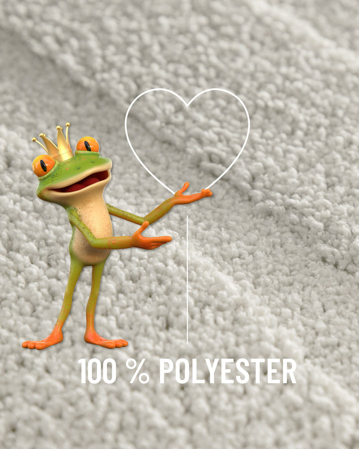 Badteppich Marc Weiß Nahaufnahme des Flors mit eingeblendeter Materialangabe 100 Prozent Polyester