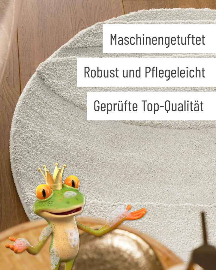 Badteppich Marc Weiß rund Detail der Teppichkante mit Hinweisen zu maschinengetufteter Verarbeitung