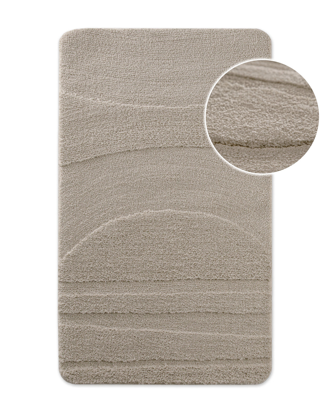 Badteppich von BathKing by WECONhome Marc Sand Beige, Draufsicht mit Detailkreis der Florstruktur und eingeprägtem Muster auf weißem Hintergrund