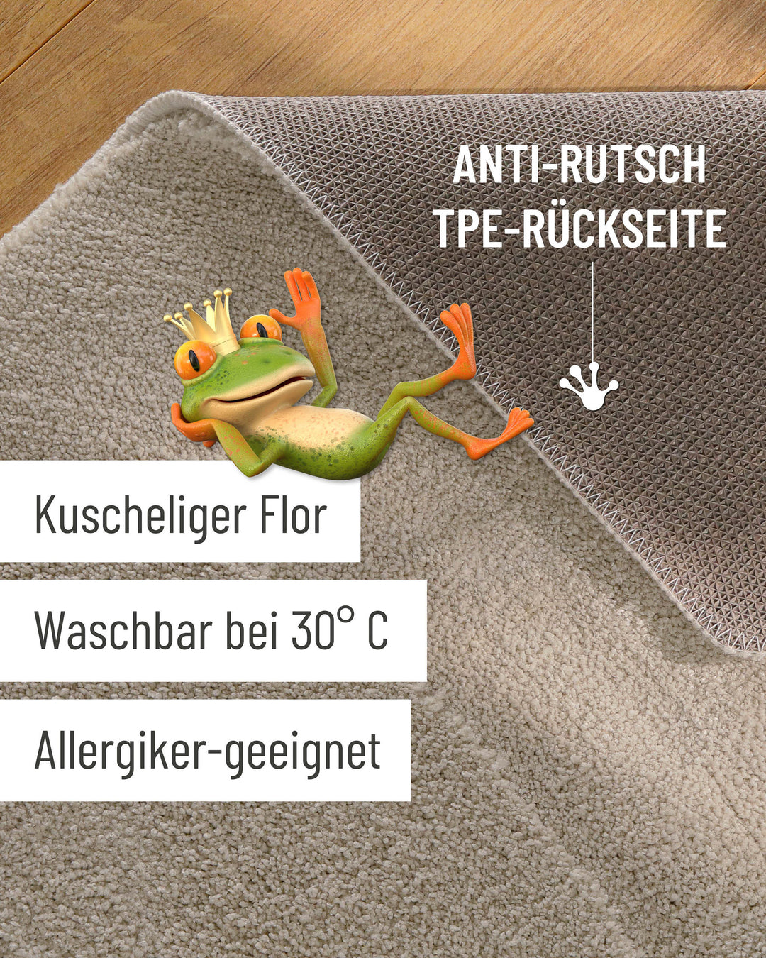 Badteppich Marc Grau Detailaufnahme Flor auf Holzfußboden, eingeblendete Hinweise zu rutschhemmender Rückseite und Waschbarkeit