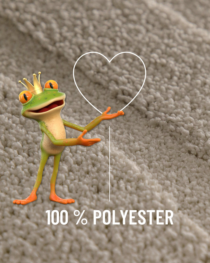 Badteppich Marc Grau Detailaufnahme Flor mit Einblendung Materialhinweis 100 Prozent Polyester