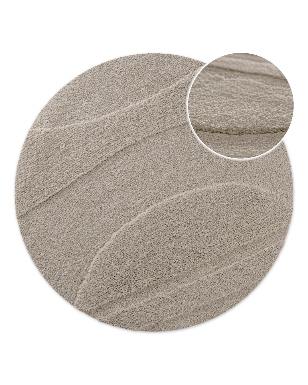 Badteppich Marc Grau rund, Draufsicht mit Detailkreis der Florstruktur und eingeprägtem Linienmuster auf hellem Hintergrund