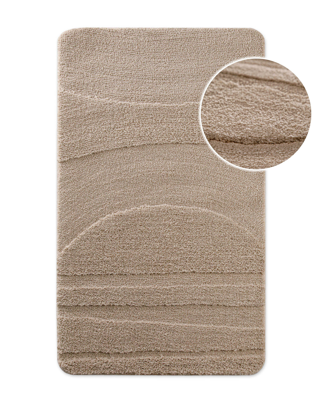 Badteppich von BathKing by WECONhome Marc Beige, Draufsicht mit Detailkreis der Florstruktur und eingeprägtem Muster auf weißem Hintergrund