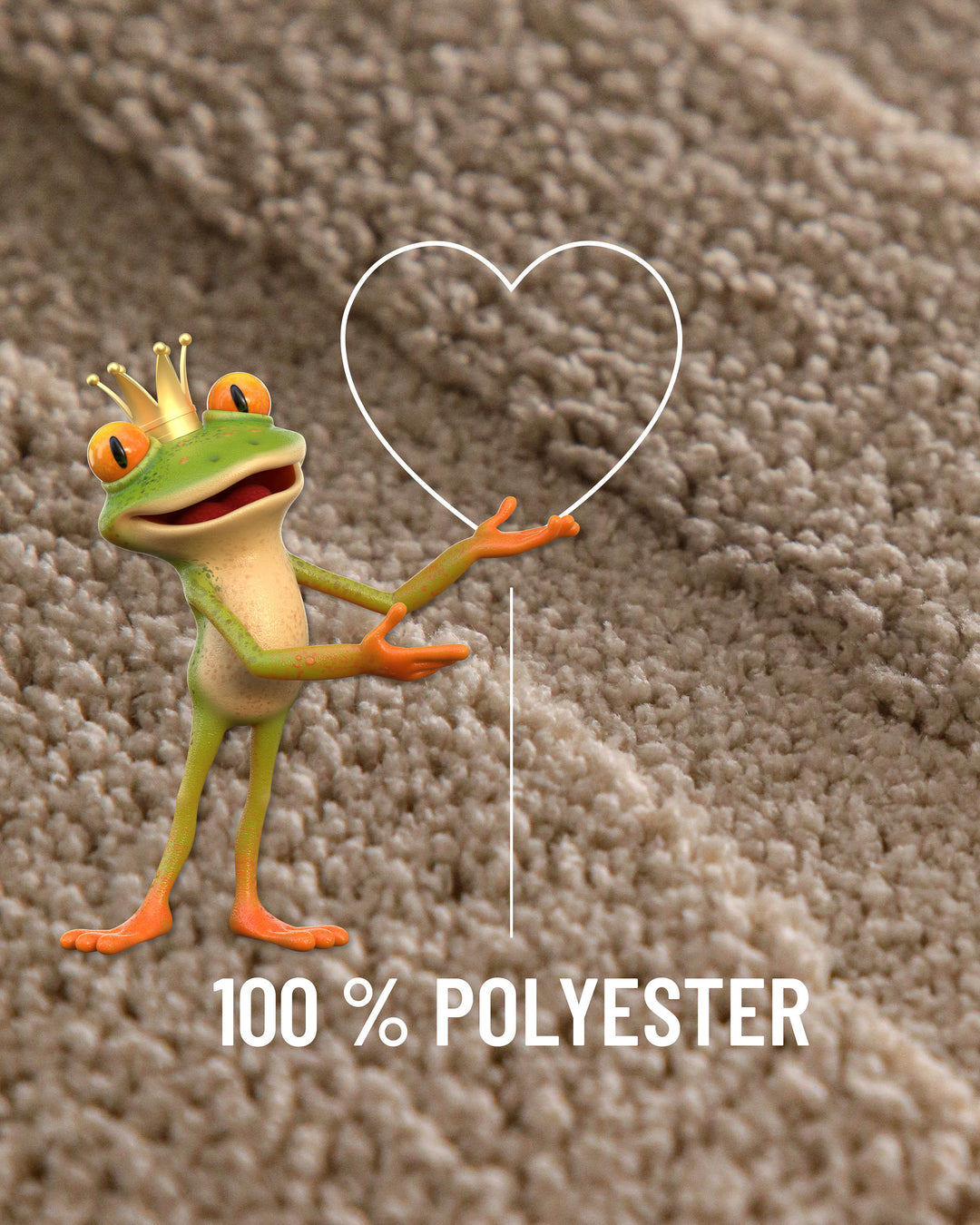 Badteppich Marc Sand Beige Detailaufnahme Flor mit Einblendung Materialhinweis 100 Prozent Polyester