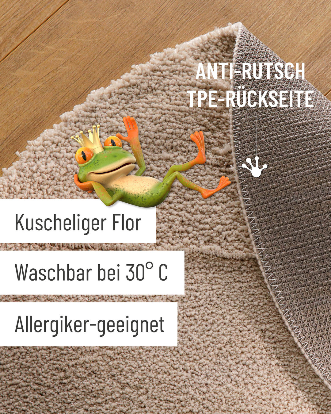 Badteppich Marc Sand Beige rund, angehobene Ecke zeigt Sand Beigee Rückseite mit rutschhemmender Beschichtung