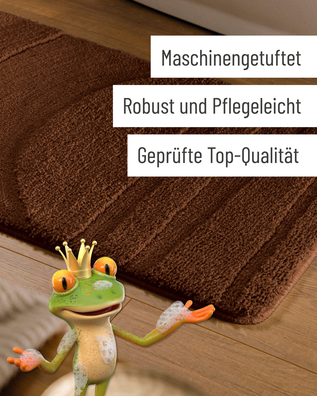 Badteppich Marc Braun Detail der Teppichkante auf Holzfußboden, eingeblendete Hinweise zu Verarbeitung und Pflege