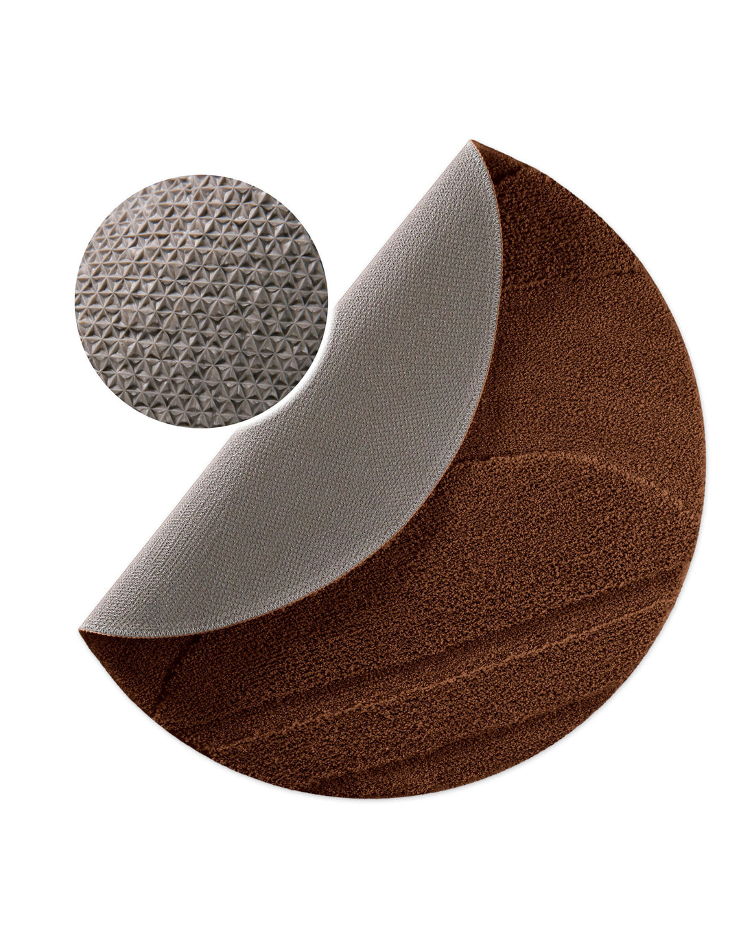 Badteppich Marc Braun rund, angehobene Ecke zeigt Braune Rückseite mit rutschhemmender Beschichtung