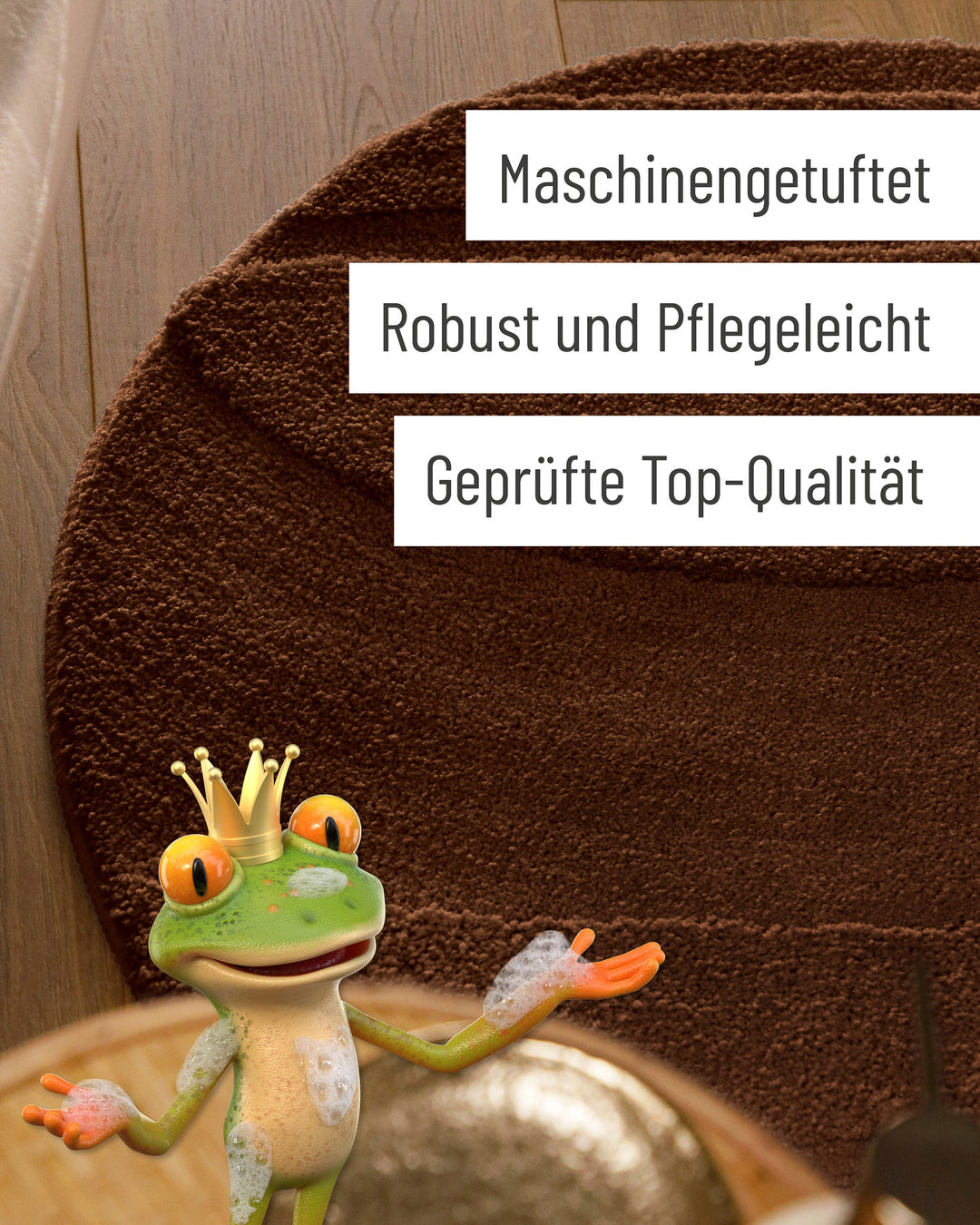 Badteppich Marc Braun rund Detail der Teppichkante mit Hinweisen zu maschinengetufteter Verarbeitung