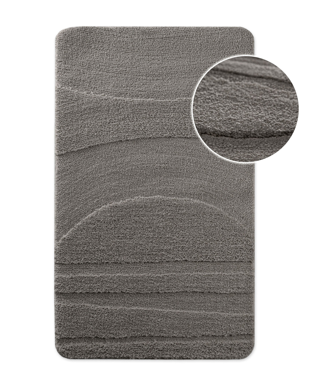 Badteppich von BathKing by WECONhome Marc Grau, Draufsicht mit Detailkreis der Florstruktur und eingeprägtem Muster auf weißem Hintergrund