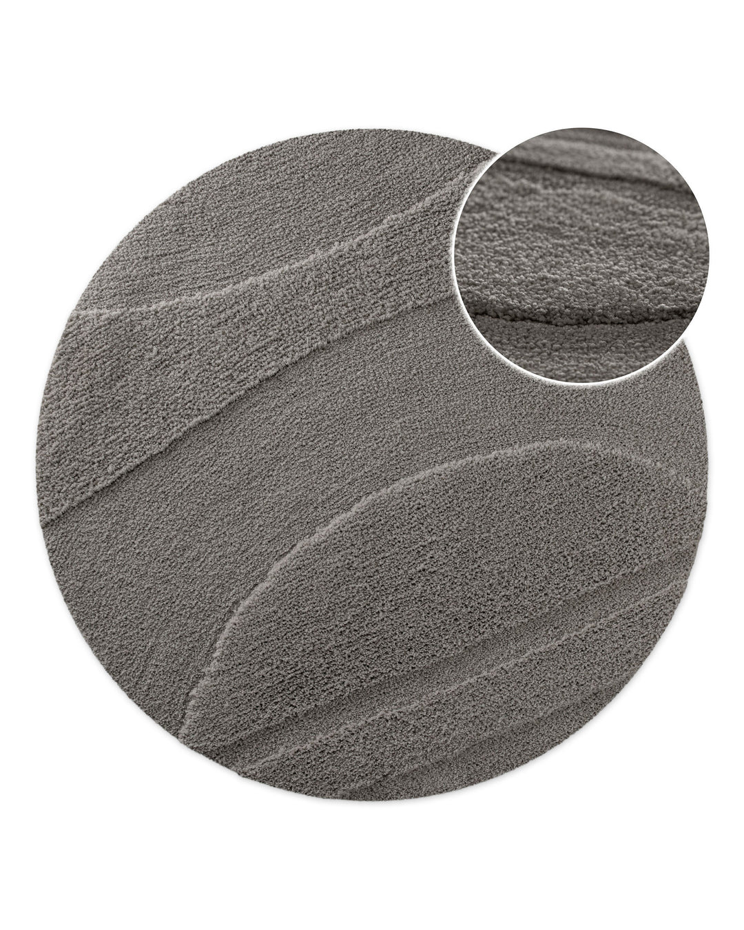 Badteppich Marc Basalt Grau rund, Draufsicht mit Detailkreis der Florstruktur und eingeprägtem Linienmuster auf hellem Hintergrund