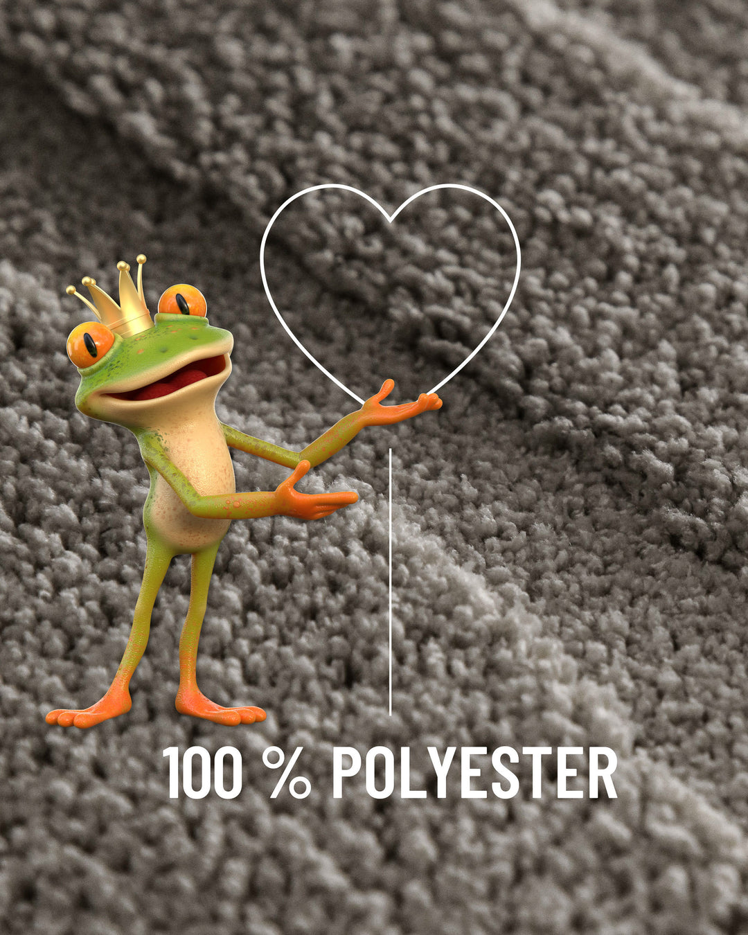 Badteppich Marc Basalt Grau Nahaufnahme des Flors mit eingeblendeter Materialangabe 100 Prozent Polyester