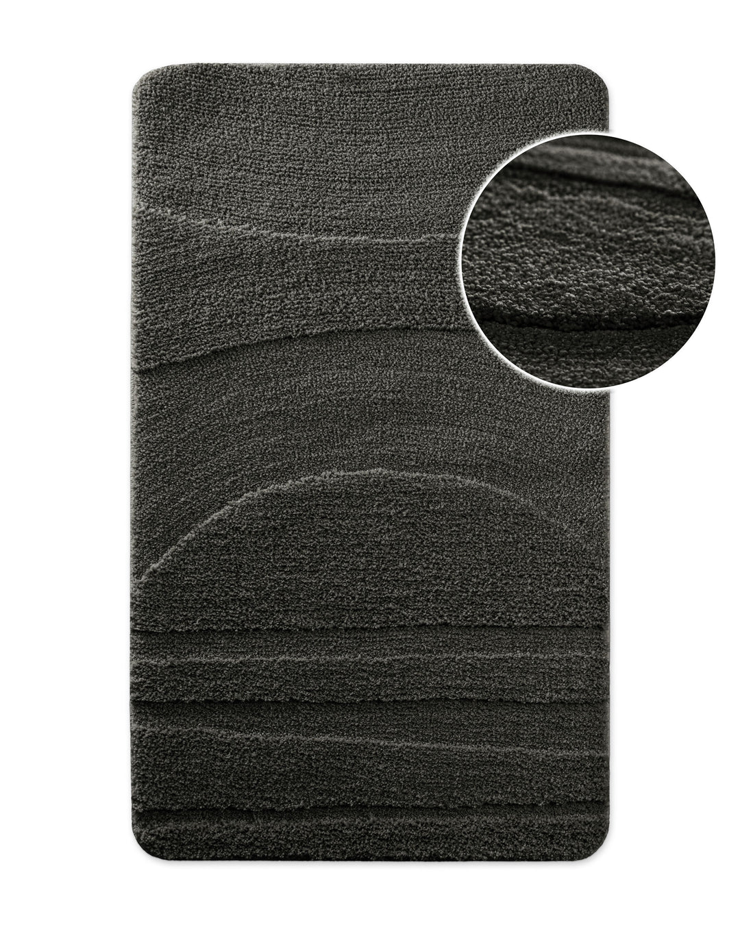 Badteppich von BathKing by WECONhome Marc Dunkelgrau, Draufsicht mit Detailkreis der Florstruktur und eingeprägtem Muster auf weißem Hintergrund