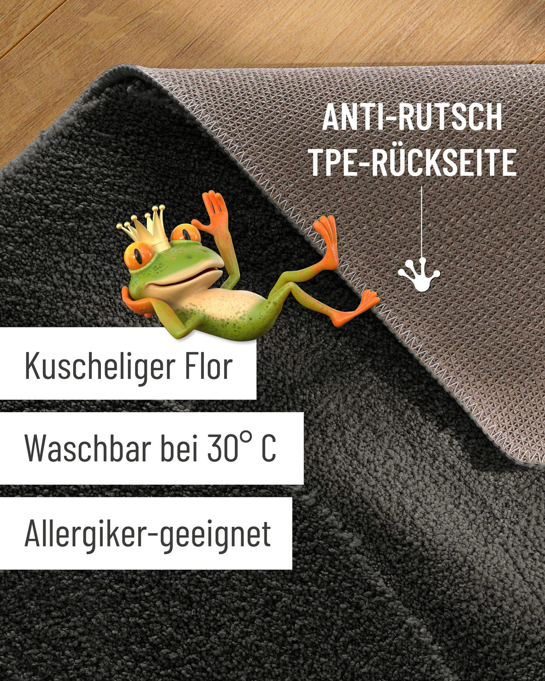 Badteppich Marc Anthrazit Grau Detailaufnahme Flor auf Holzfußboden, eingeblendete Hinweise zu rutschhemmender Rückseite und Waschbarkeit