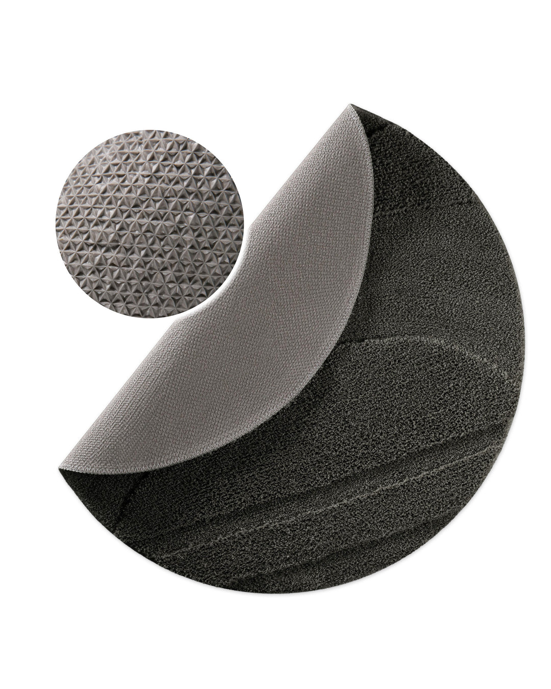 Badteppich Marc Anthrazit Grau rund, angehobene Ecke zeigt Anthrazit Graue Rückseite mit rutschhemmender Beschichtung