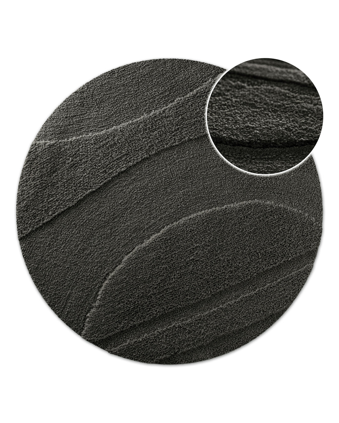 Badteppich Marc Anthrazit Grau rund, Draufsicht mit Detailkreis der Florstruktur und eingeprägtem Linienmuster auf hellem Hintergrund