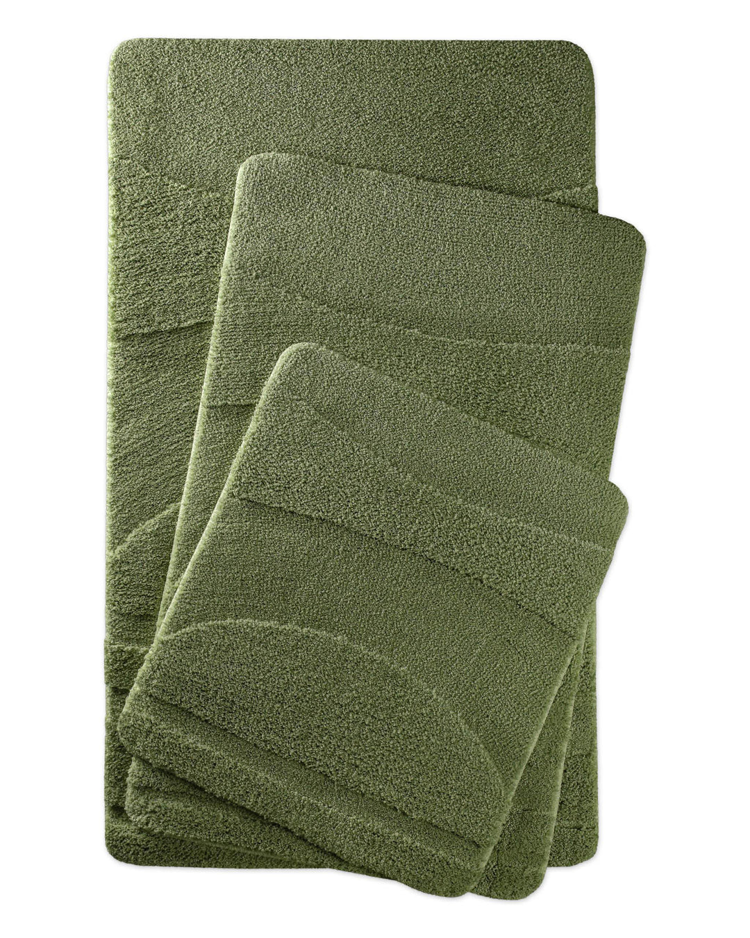 Badteppich Marc Reseda Grün zwei rechteckige Matten übereinander gelegt, Draufsicht mit geometrischem Reliefmuster