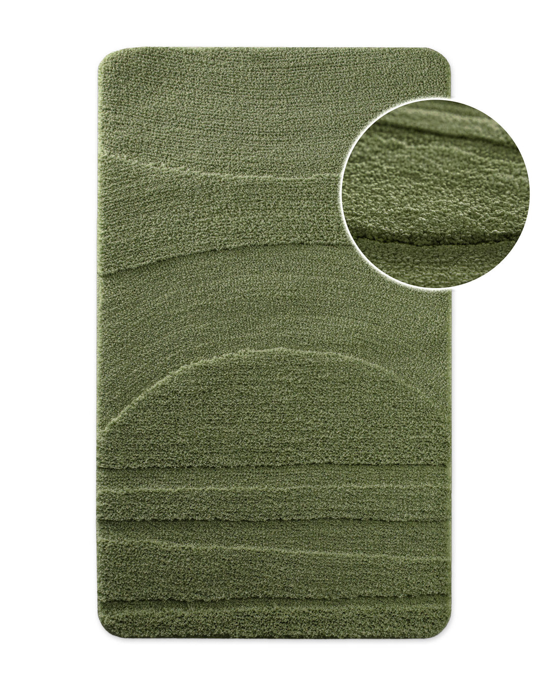 Badteppich von BathKing by WECONhome Marc Grün, Draufsicht mit Detailkreis der Florstruktur und eingeprägtem Muster auf weißem Hintergrund