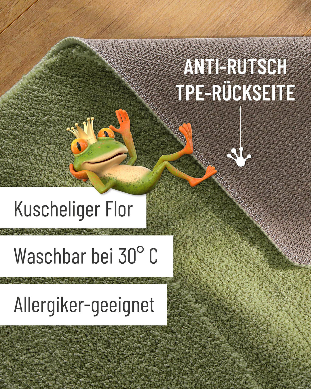 Badteppich Marc Reseda Grün Detailaufnahme Flor auf Holzfußboden, eingeblendete Hinweise zu rutschhemmender Rückseite und Waschbarkeit