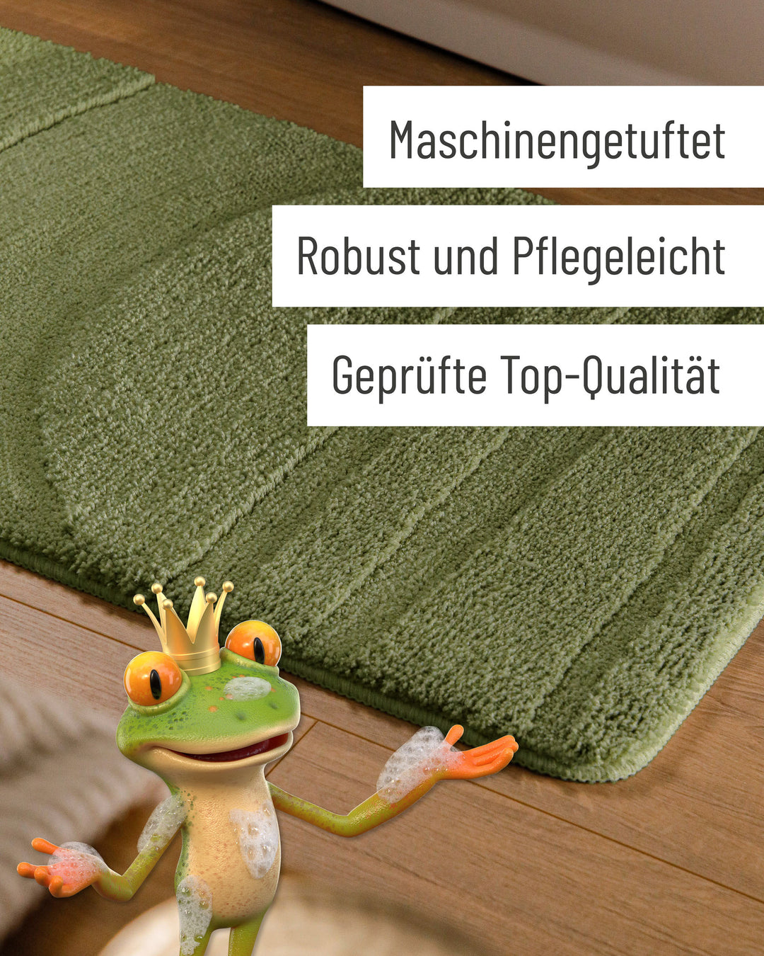 Badteppich Marc Reseda Grün Detail der Teppichkante auf Holzfußboden, eingeblendete Hinweise zu Verarbeitung und Pflege