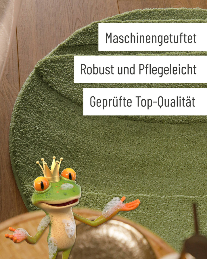 Badteppich Marc Reseda Grün rund Detail der Teppichkante mit Hinweisen zu maschinengetufteter Verarbeitung