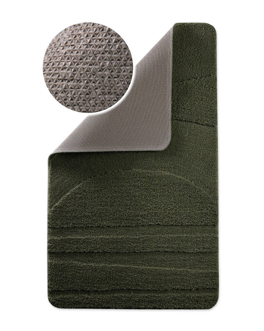 Badteppich Marc Kiefer Grün Ecke hochgeklappt, runde Probe zeigt Kiefer Grüne Rückseite mit rutschhemmender Beschichtung