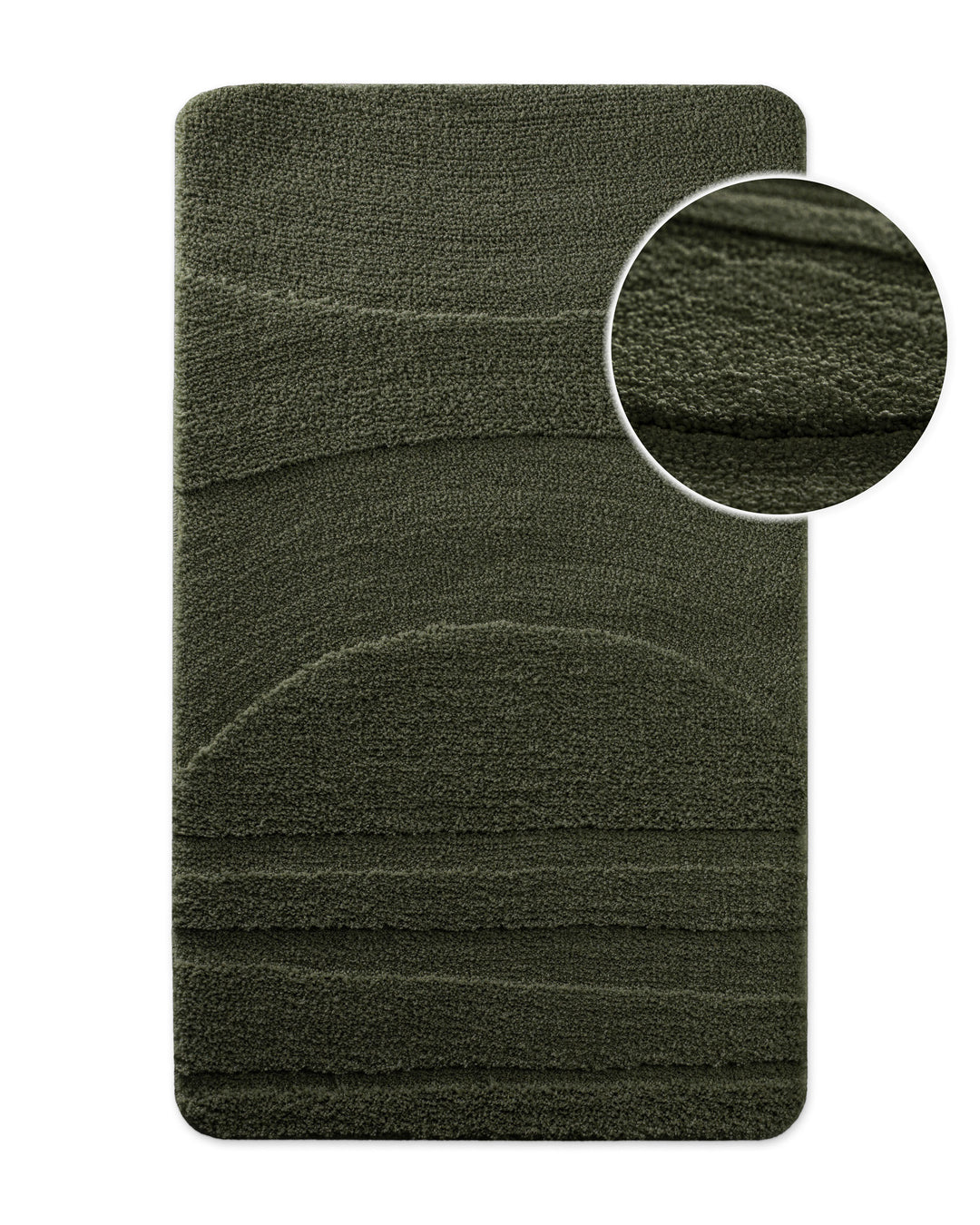 Badteppich von BathKing by WECONhome Marc Dunkelgrün, Draufsicht mit Detailkreis der Florstruktur und eingeprägtem Muster auf weißem Hintergrund