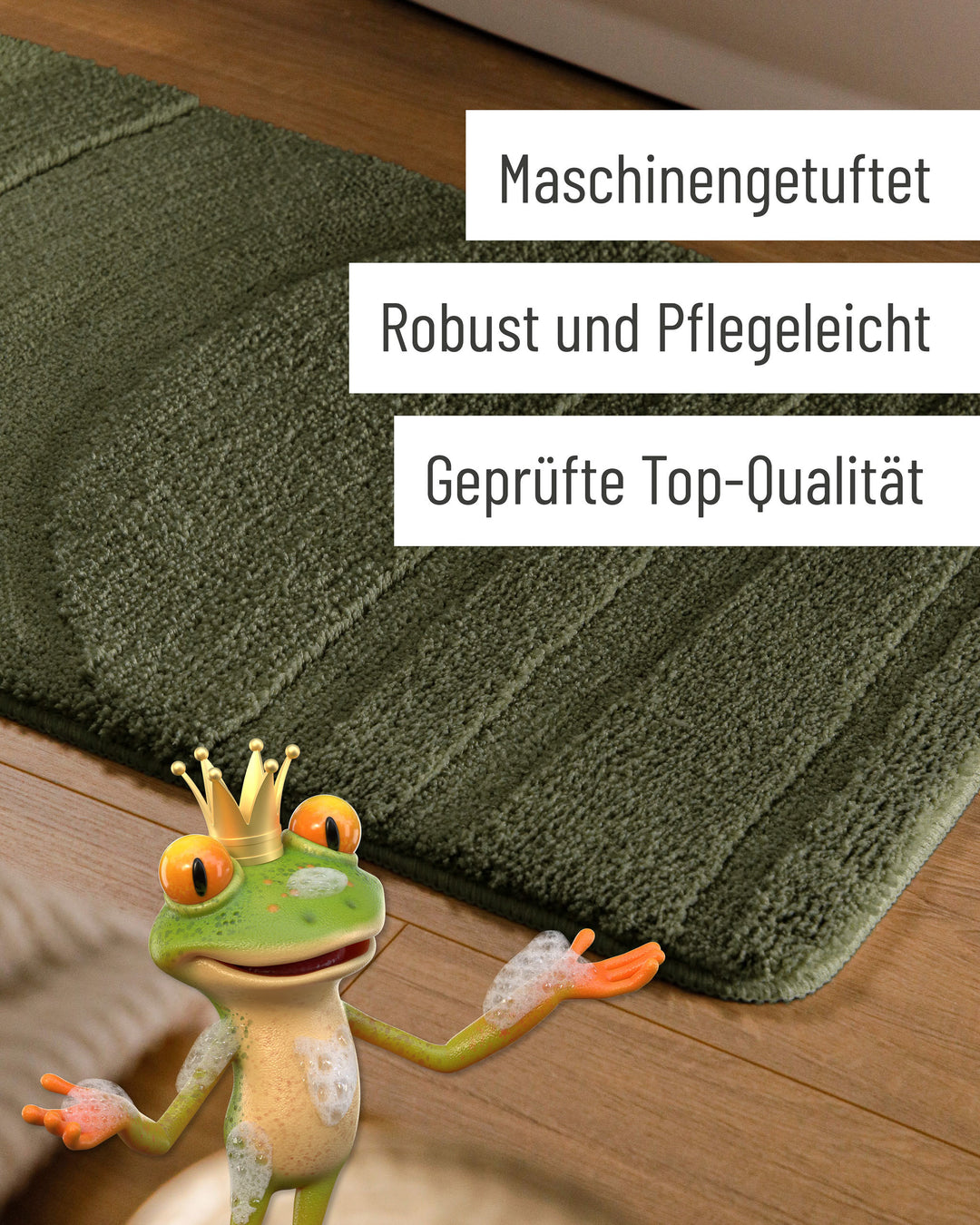 Badteppich Marc Kiefer Grün Detail der Teppichkante auf Holzfußboden, eingeblendete Hinweise zu Verarbeitung und Pflege