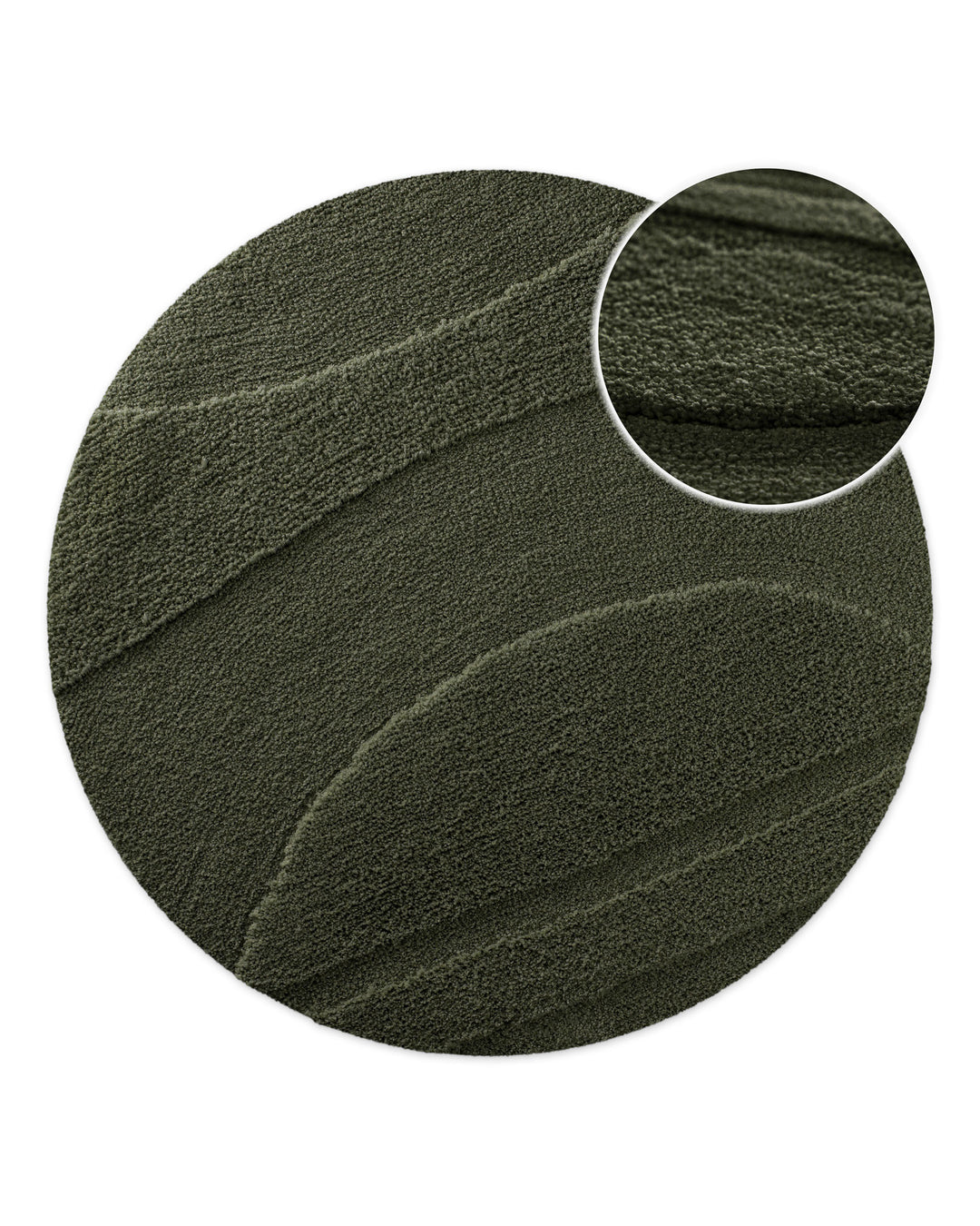 Badteppich Marc Kiefer Grün rund, Draufsicht mit Detailkreis der Florstruktur und eingeprägtem Linienmuster auf hellem Hintergrund