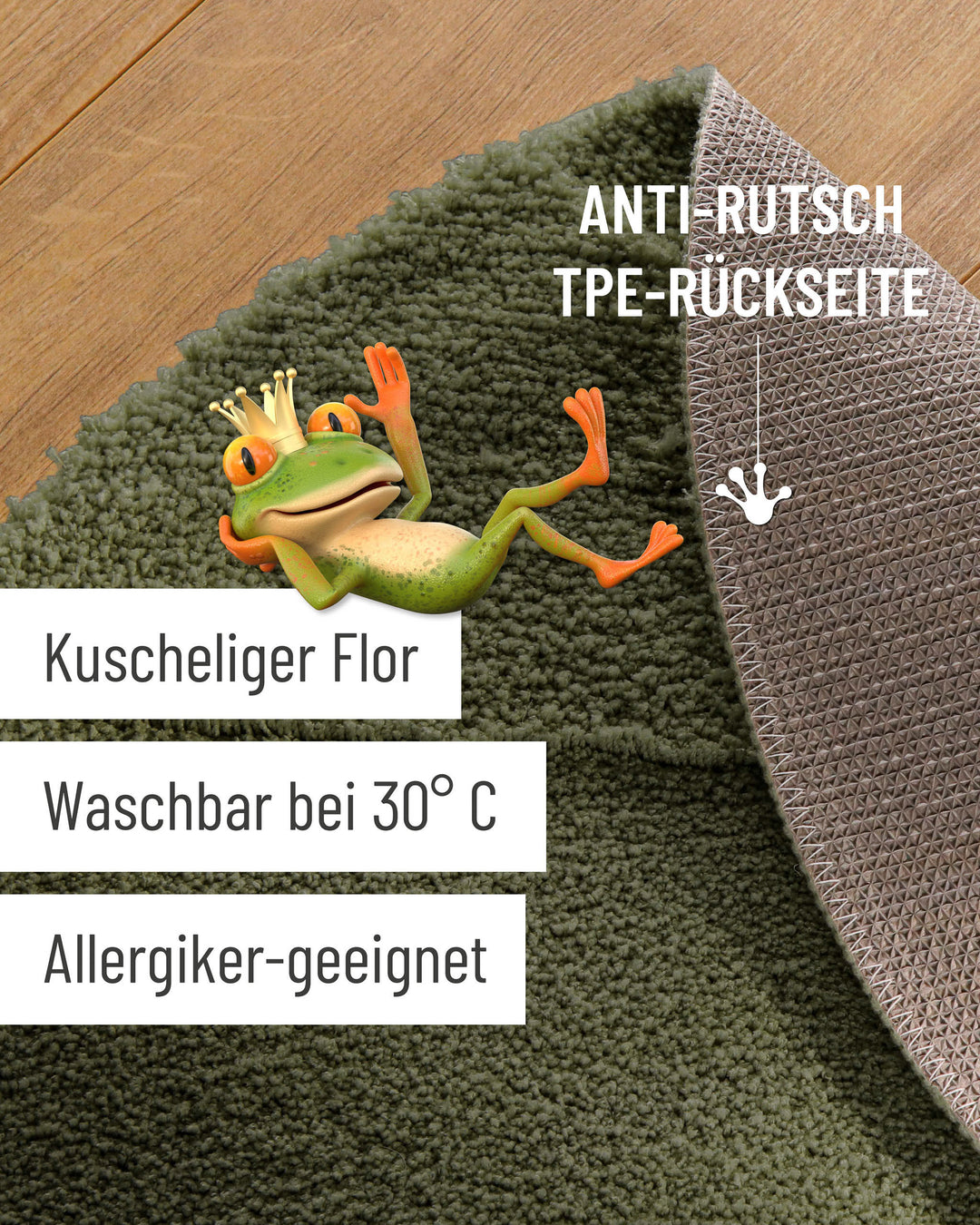 Badteppich Marc Kiefer Grün Detailaufnahme mit umgeschlagener Ecke, Hinweisgrafik zur rutschhemmenden Rückseite und Waschbarkeit