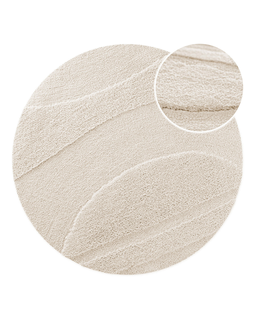 Badteppich Marc Creme Weiß rund, Draufsicht mit Detailkreis der Florstruktur und eingeprägtem Linienmuster auf hellem Hintergrund