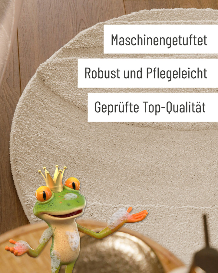 Badteppich Marc Creme Weiß rund Detail der Teppichkante mit Hinweisen zu maschinengetufteter Verarbeitung