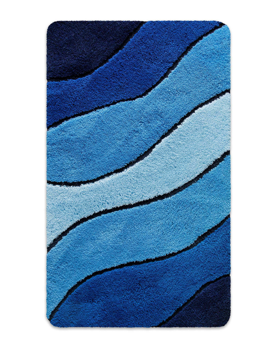 Badteppich Monte Cavo in Blau mit weichem Hochflor und geschwungenen Wellenlinien in Dunkelblau auf weißem Hintergrund, Draufsicht