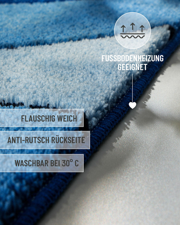 Seitliche Nahaufnahme der Teppichkante mit eingeblendeten Produktvorteilen: flauschig weich, Anti-Rutsch-Rückseite, waschbar bei 30°C, Fußbodenheizung geeignet