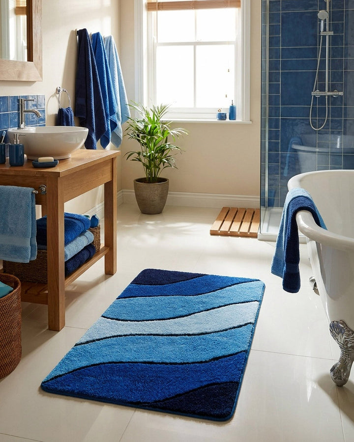 Blauer Badteppich Monte Cavo mit Wellenmuster vor einer Dusche, kombiniert mit Holzwaschtisch, Zimmerpflanzen und gefalteten Handtüchern in einem hellen modernen Bad